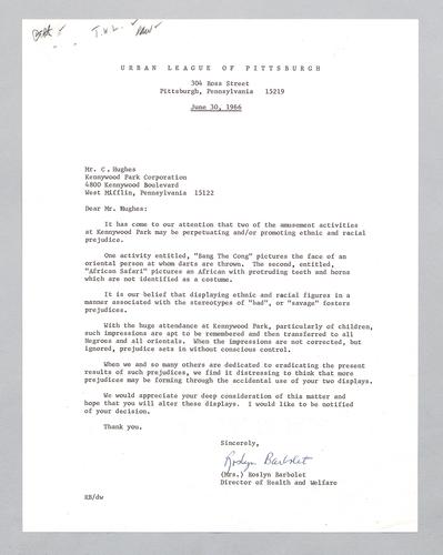 Letter from Urban League of Pittsburgh to Kennywood