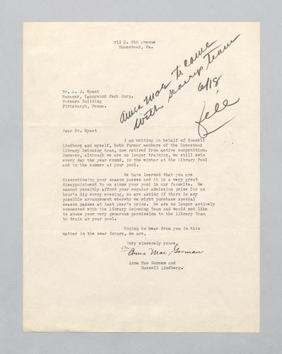Letter from Anna Mae Gorman and Russell Lindberg to Kennywood