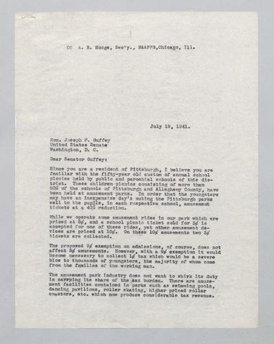 Letter from Kennywood to United States Senate