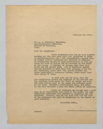 Letter from Kennywood to Americanization Committee