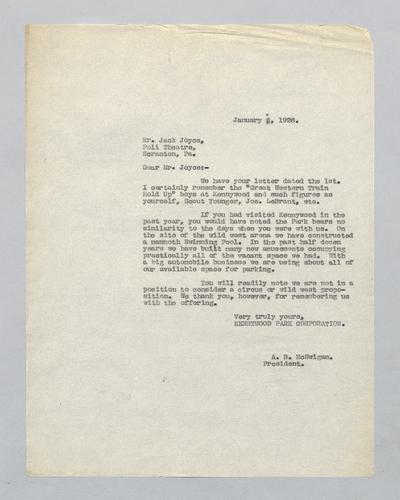 Letter from Kennywood to Jack Joyce