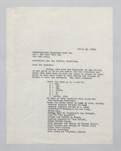 Letter from Kennywood to International Mutoscope Reel Co.