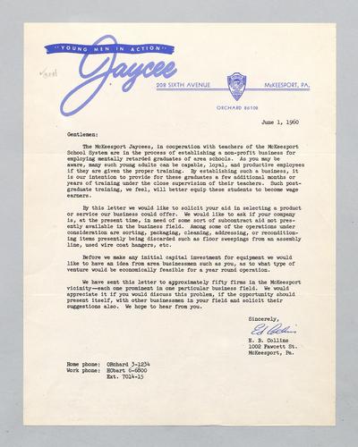 Letter from McKeesport Jaycees to Kennywood