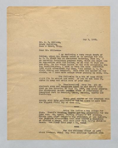 Letter from Kennywood to J.P. Killeen
