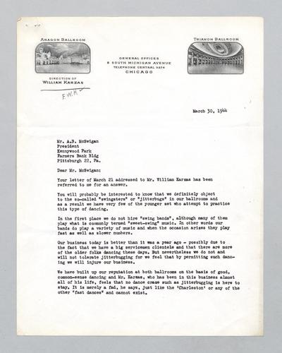 Letter from Argon Ballroom to Kennywood