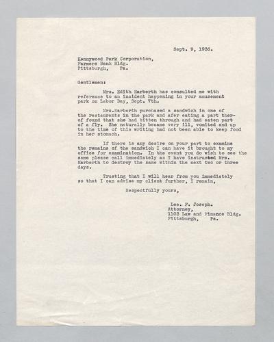 Letter from Lee F. Joseph to Kennywood