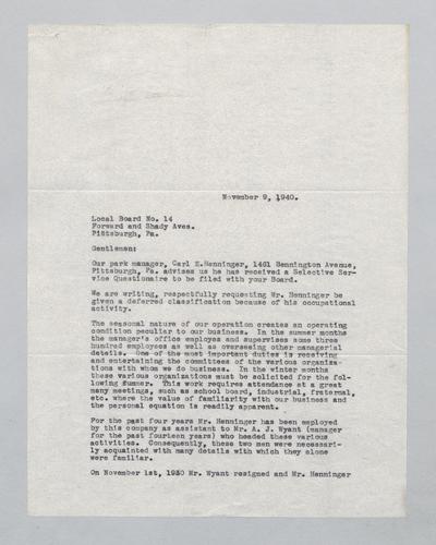Letter from Kennywood to Local Board No. 14