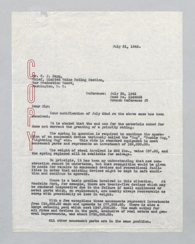 Reply from Woodside Park to War Production Board