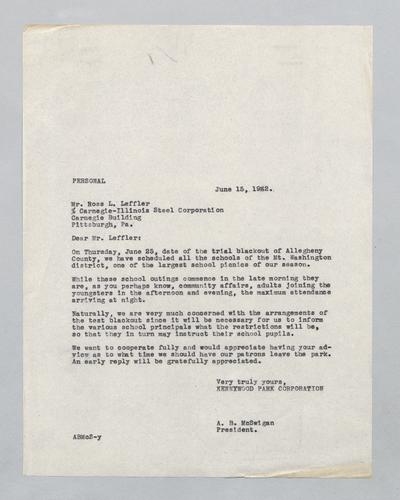 Letter from Kennywood to Carnegie-Illinois Steel Co.