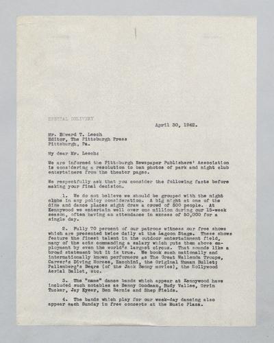 Letter from Kennywood to Pittsburgh Press