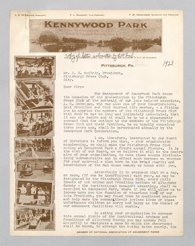 Letter from Kennywood to Pittsburgh Press Club