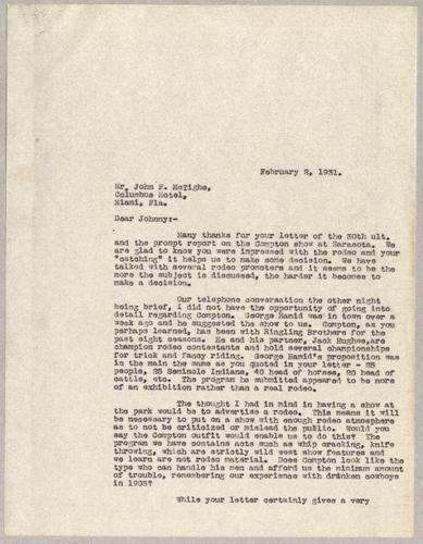 Letter from Kennywood to John McTighe