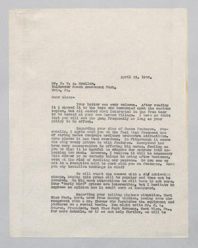 Letter from Kennywood to Waldameer Beach Amusement Park