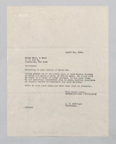 Letter from Kennywood to Meems Brothers & Ward