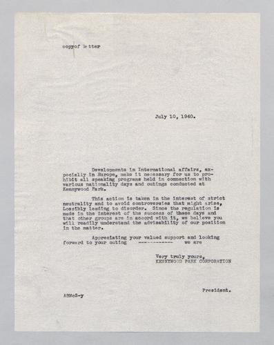 Letter from Kennywood to Nationality Groups