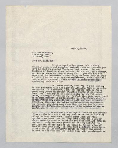 Letter from Kennywood to Olentangy Park