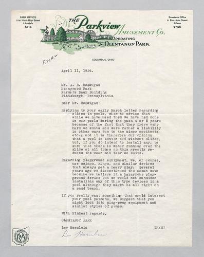 Letter from Olentangy Park to Kennywood