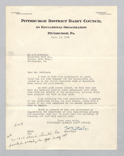 Letter from Pittsburgh District Dairy Council to Kennywood