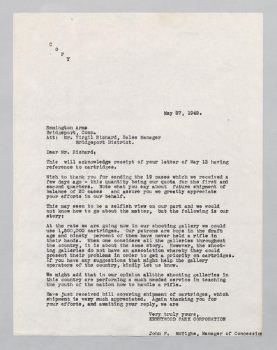 Letter from Kennywood to Remington Arms