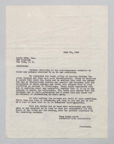 Letter from Kennywood to Louis Ruhe
