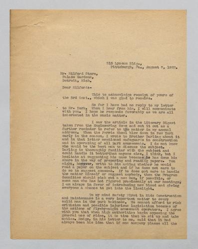 Letter from Kennywood to Palace Gardens