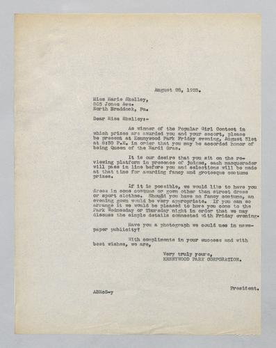 Letter from Kennywood to Miss Skelley
