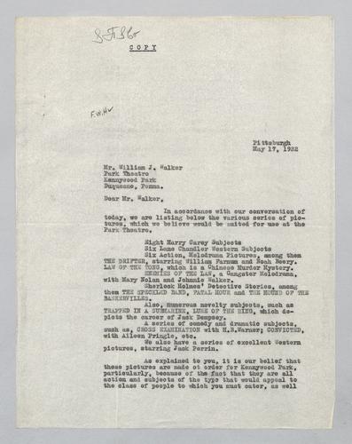 Letter from Standard Film Service Co. to Kennywood