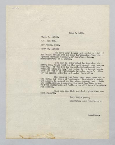 Letter from Kennywood to A.S. Lynch