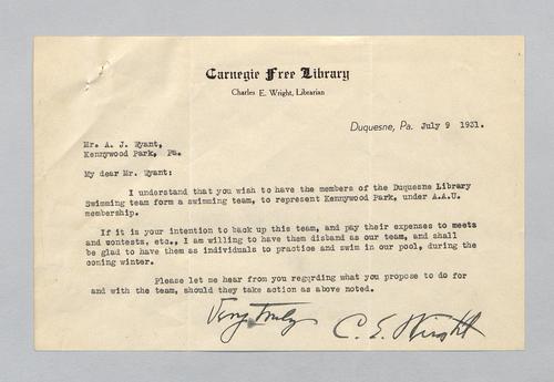 Letter from Carnegie Free Library to Kennywood