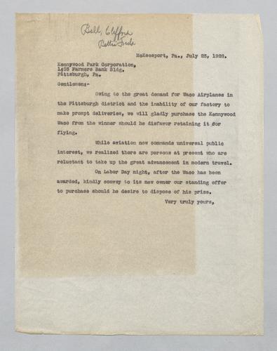 Letter from Clifford Ball to Kennywood