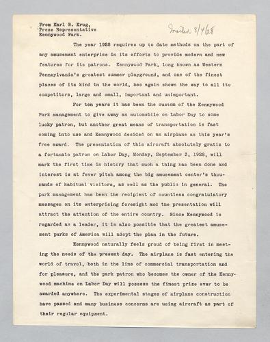 Kennywood Waco airplane press release