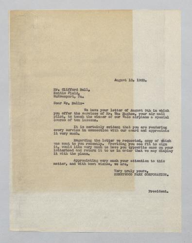 Letter from Kennywood to Clifford Ball