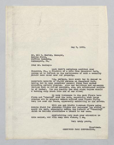 Letter from Kennywood to Bettis Field