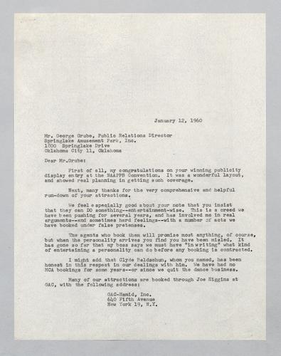 Letter from Kennywood to Springlake Amusement Park