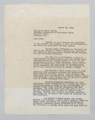 Letter from Kennywood to National Association of Amusement Parks