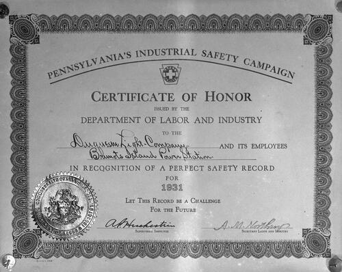Certificate of Honor- Perfect Safety Record