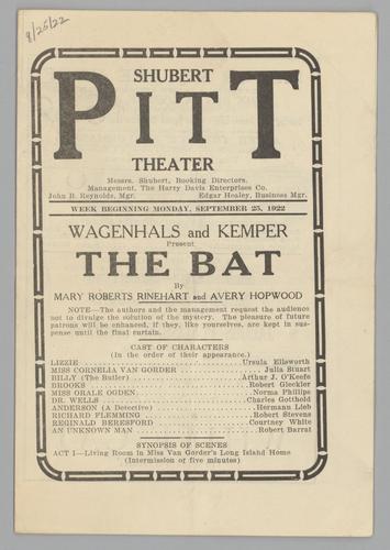 Theatre program - The Bat based on the novel by Mary Roberts Rinehart