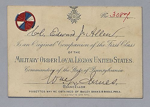 Membership Card For The Military Order Loyal Legion United States