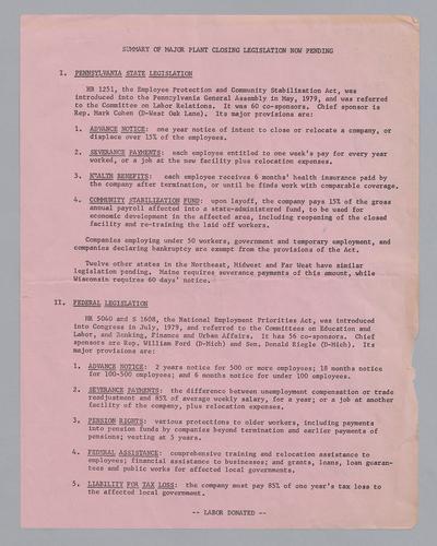 Summary of Major Plant Closing Legislation Now Pending