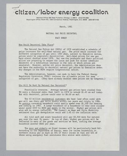 Citizen/Labor Energy Coalition Natural Gas Price Decontrol Fact Sheet