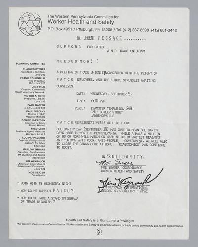 Western Pennsylvania Committee for Wroker Health and Safety Letter