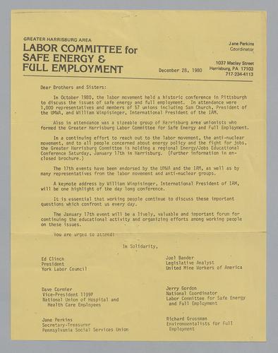Greater Harrisburg Area Labor Committee for Safe Energy & Full Employment Letter