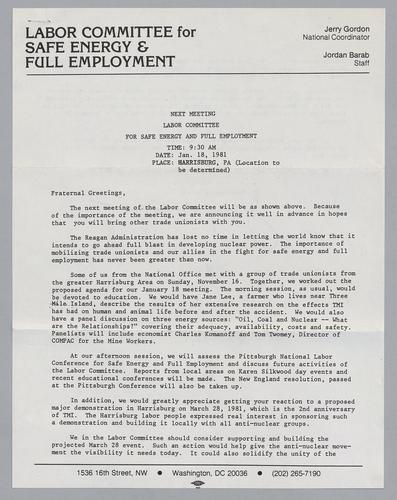 Next Meeting Labor Committee for Safe Energy and Full Employment Letters