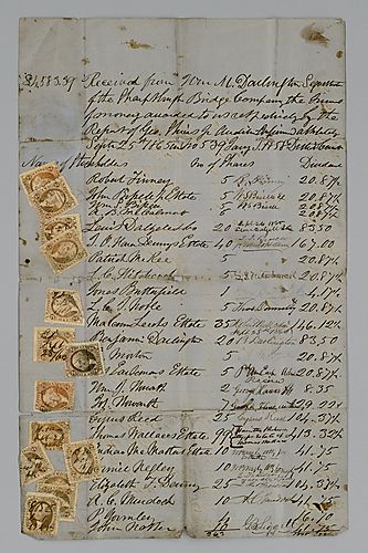 Receipt for money paid by William M. Darlington to stockholders of Sharpsburg Bridge Co.