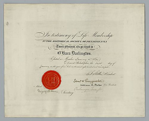 O'Hara Darlington, Certificate of Membership in Historical Society of Pennsylvania