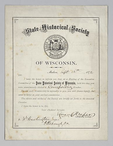 Certificate from State Historical Society of Wisconsin