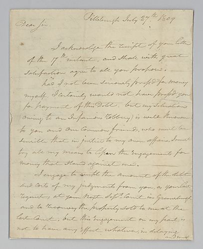 Letter written by James O'Hara to Arthur St Clair