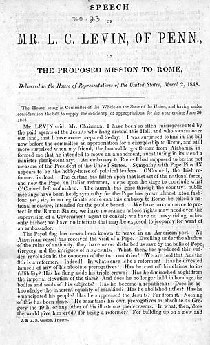Speech of Mr. L.C. Levin, of Penn., on the proposed mission to Rome