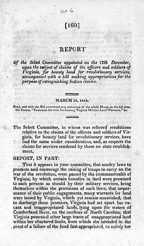 Report of the select committee appointed on the 17th December upon the subject of claims of the officers and soldiers of Virginia, for bounty land for revolutionary services