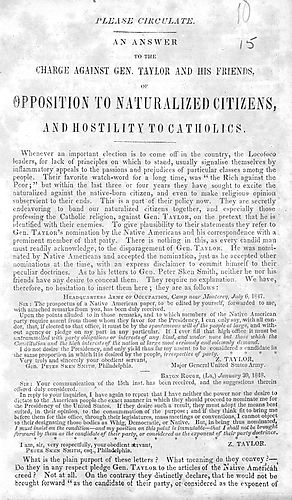 answer to the charge against Gen. Taylor and his friends, of opposition to naturalized citizens and hostility to Catholics